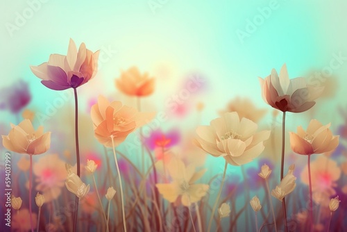 Spring flowers, copy space. Abstract floral design for prints, postcards or wallpaper. AI. Generative AI