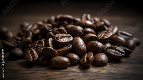  Close up picture of coffee beans in a pile on a wood table - Generated by AI technology