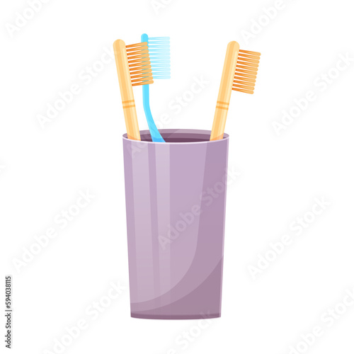 Cup with colorful toothbrushes. Oral Care equipment, medical and dentistry healthcare. Vector illustration in cartoon style isolated on white background.