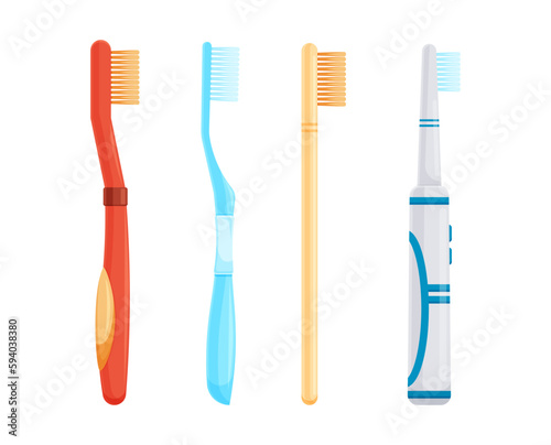 Teeth brushes set. Oral Care equipment, medical and dentistry healthcare. Vector illustration in cartoon style isolated on white background.