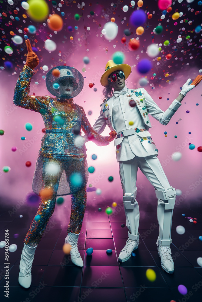 Generative AI illustration of couple of man and woman artificial intelligence semi-human robots in love dressed in latest fashion with hat dancing in a trendy nightclub Generative AI illustration of couple of man and woman artificial intelligence semi-human robots in love dressed in latest fashion with hat dancing in a trendy nightclub