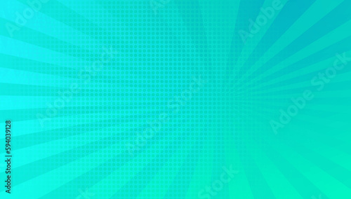 light green and blue background with radial lines in pop art style. bright blue sunburst rays background with half tone dots. comic or cartoon concept background with blank space for design.