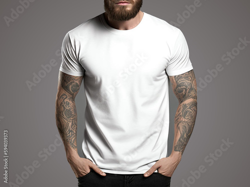 White man with tattoos in blank white t-shirt, empty male t shirt mockup, copy space white t-shirt for design