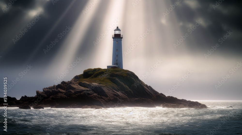 A majestic lighthouse guiding ships along a rocky coastline, with copyspace in the sweeping beam of light. Generative ai.