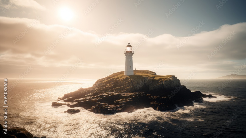 A majestic lighthouse guiding ships along a rocky coastline, with copyspace in the sweeping beam of light. Generative ai.