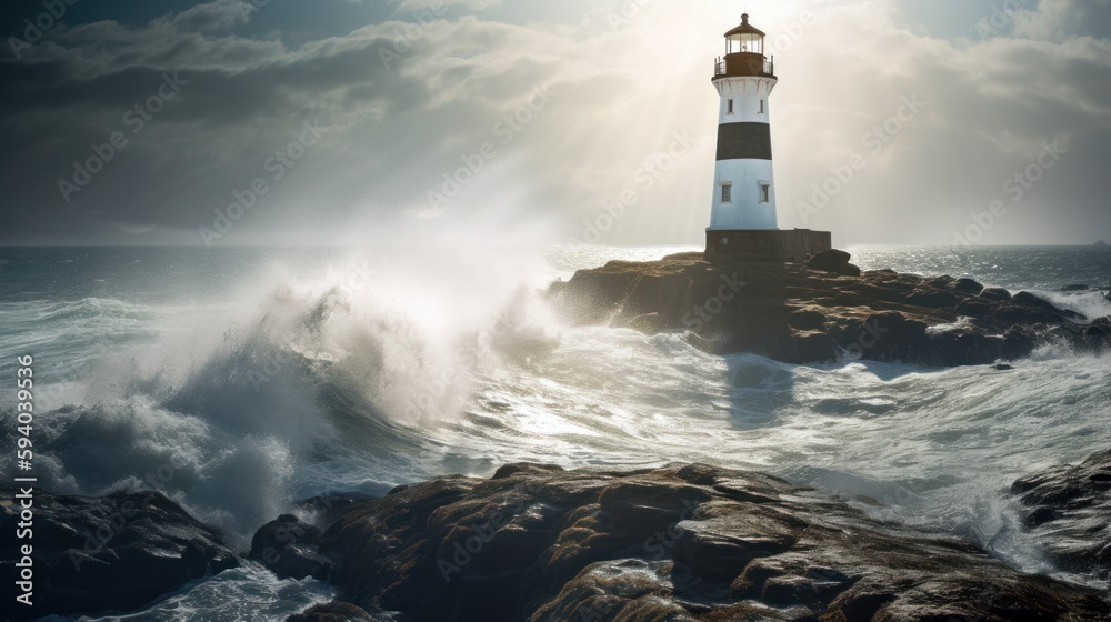 A majestic lighthouse guiding ships along a rocky coastline, with copyspace in the sweeping beam of light. Generative ai.