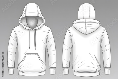 Oversized cotton-fleece hoodie technical fashion illustration with relaxed fit, long sleeves. Flat outwear jumper apparel template front, back white color. Generative Ai.