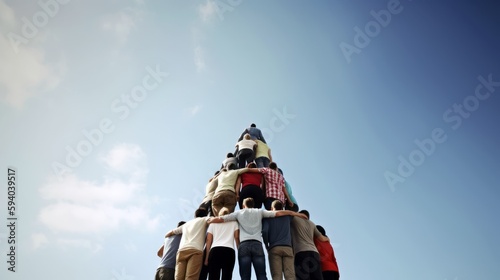 A group of diverse people forming a human pyramid, with copyspace above their heads Generative ai.