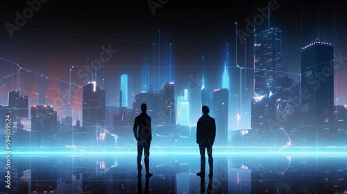 A futuristic cityscape where AI chatbots and humans coexist, with copyspace in the holographic displays. Generative ai.