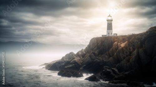 A majestic lighthouse guiding ships along a rocky coastline, with copyspace in the sweeping beam of light. Generative ai.