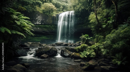 A majestic waterfall surrounded by lush greenery, with copyspace in the cascading water. Generative ai. © MADMAT