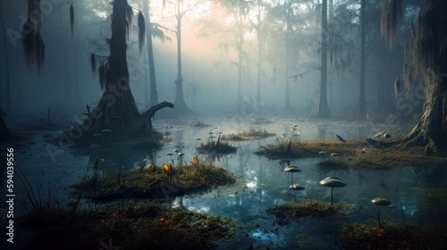 A mysterious  foggy swamp filled with whimsical will-o -the-wisps  with copyspace in the mist. Generative ai.