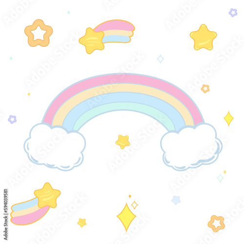 Set of Cute kawaii rainbows and clouds in cartoon style on the background of cute kawaii stars and flowers, baby elements for design wrappers, wallpapers, cards