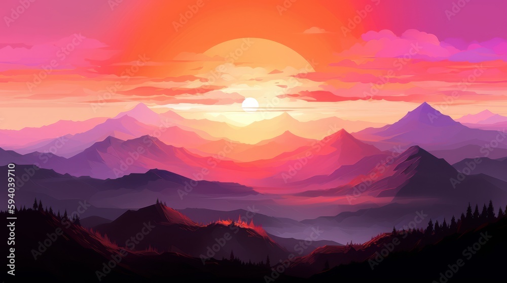 A vibrant sunset over a mountain range, with copyspace in the colorful sky. Generative ai.