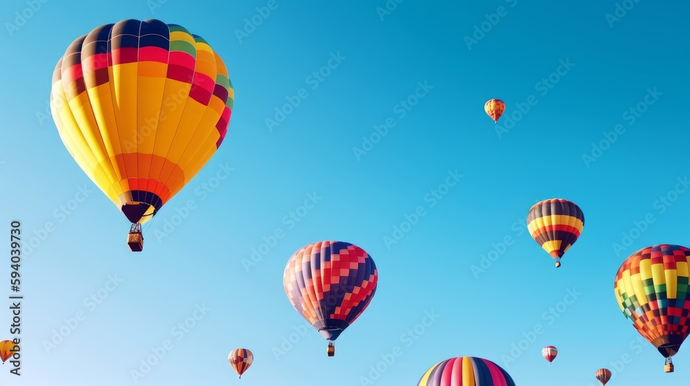 A whimsical hot air balloon festival, with copyspace in the clear blue sky. Generative ai. A whimsical hot air balloon festival, with copyspace in the clear blue sky. Generative ai.