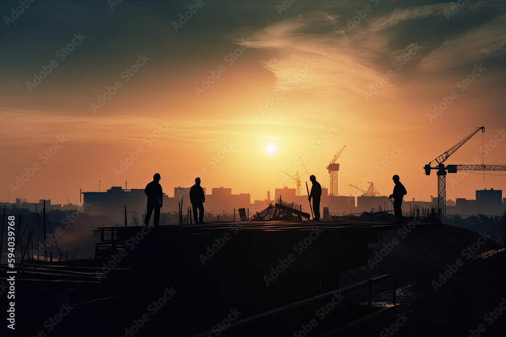Naklejka premium Engineers silhouettes at construction site. Builder workers team at sunset. Urban infrastructure development. Created with Generative AI