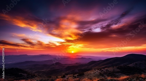 A vibrant sunset over a mountain range, with copyspace in the colorful sky. Generative ai. © MADMAT