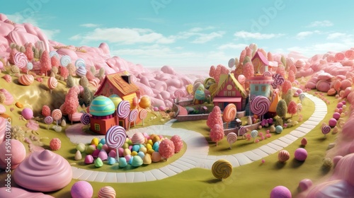 A whimsical candy land filled with oversized sweets and treats, with copyspace in the sugary landscape. Generative ai.
