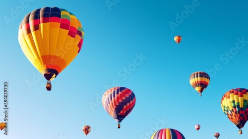A whimsical hot air balloon festival, with copyspace in the clear blue sky. Generative ai.