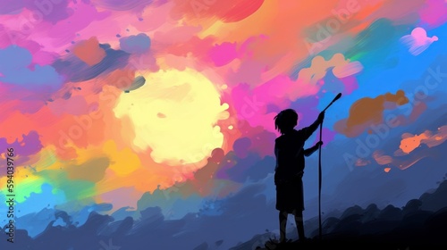 A whimsical image of a person painting the sunset with vibrant colors, with copyspace in the sky. Generative ai.