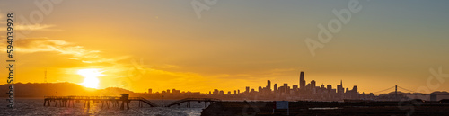 A panorama of sunset over the city of San Fransisco taken from Alameda