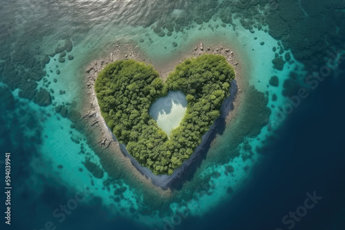 Tropical island in shape of heart, top view. Luxury resort at private island. Created with Generative AI