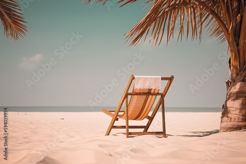 Lounge chair near palm tree on tropical sea beach. Summer vacation concept. Created with Generative AI © Lazy_Bear