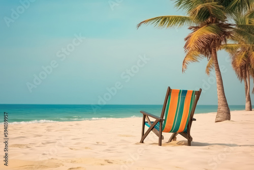 Lounge chair near palm tree on tropical sea beach. Summer vacation concept. Created with Generative AI