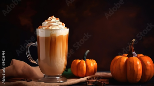 Cream on a dark background. Seasonal Fall Drinks for Halloween and Thanksgiving. Generative Ai