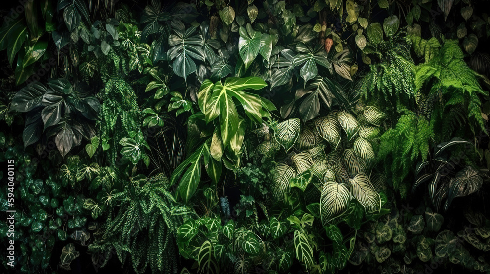 Fototapeta premium Wall of green plants. Natural background of tropical plants. Generative Ai