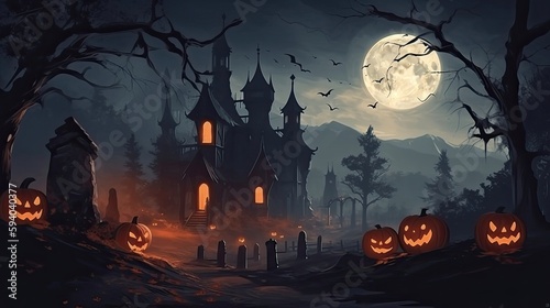 Beautiful painted concept of a Magical Halloween Scene with Jack o Lanterns  carved and lit pumpkins   Haunted Houses  Mist  Bats and the Moon  Generative AI