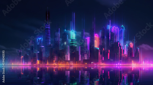 Foto Futuristic city, neon light, lights of a large metropolis, high-rise buildings,