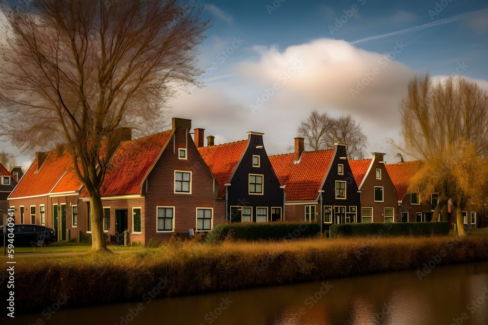 small village in the netherlands, on a side of a river small village in the netherlands, on a side of a river