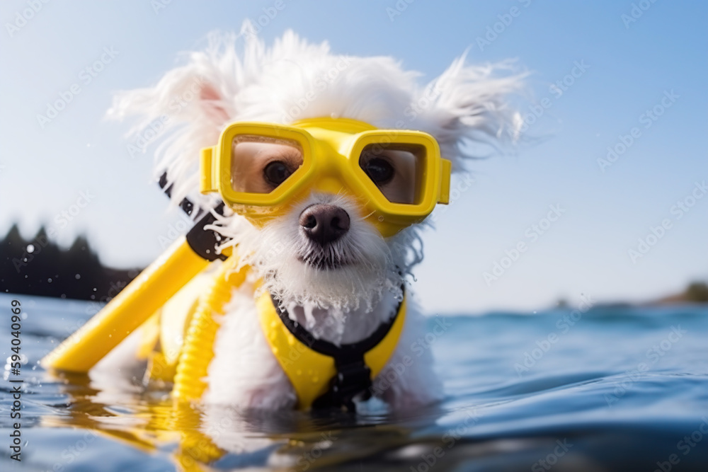 fluffy white puppy practicing scuba diving with a yellow mask, Generative AI