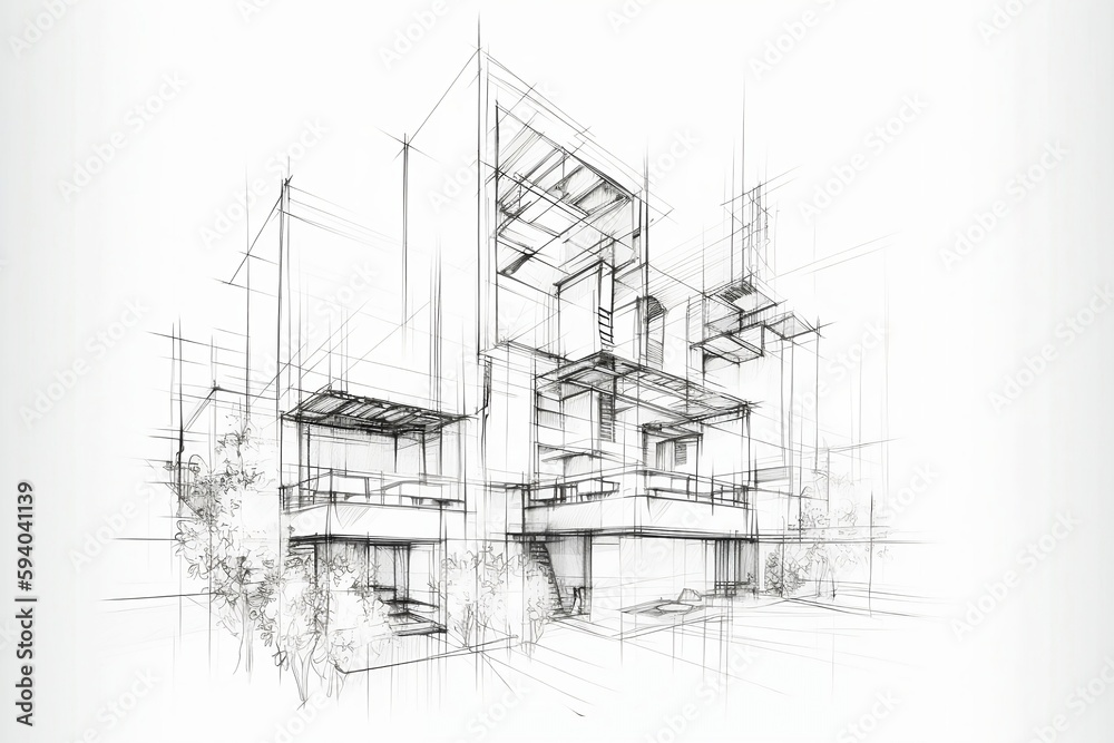 Skizze eines Hauses, Architektur Entwurf, Plan eines Wohnkomplexes, Generative AI