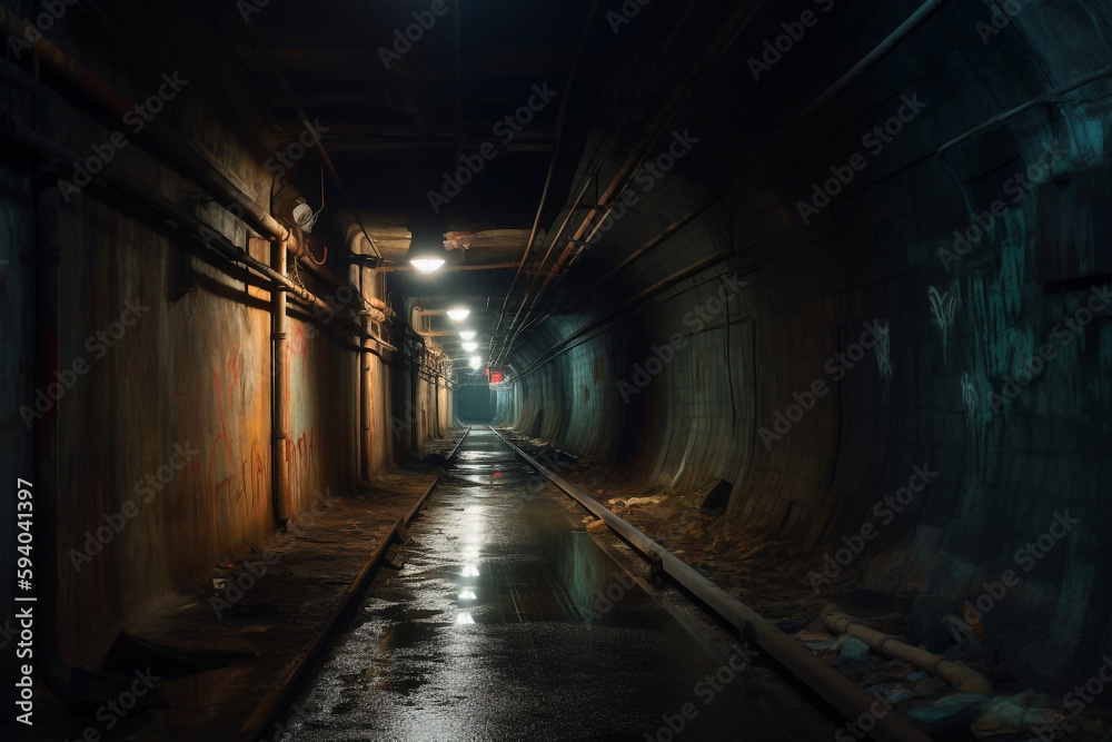 Abandoned Subway Tunnel. Generated in the AI.