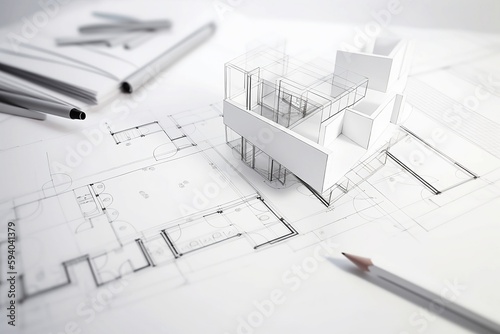 Zeichnung und Modell eines Hauses, Architektur Entwurf, Plan, Generative AI photo
