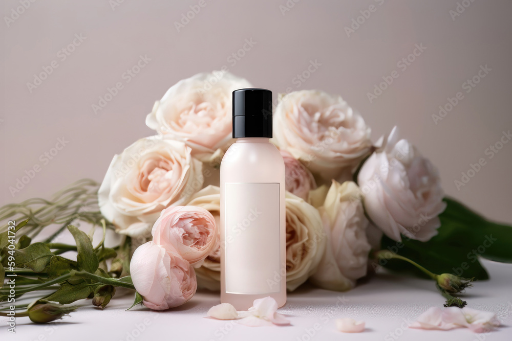 Bottle of facial cleanser nestled in the midst of roses. AI generated Bottle of facial cleanser nestled in the midst of roses. AI generated