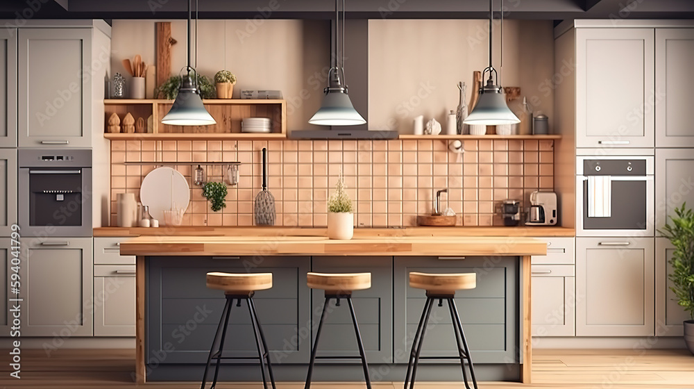 Counter wooden kitchen table with decor and modern design. Generative Ai Counter wooden kitchen table with decor and modern design. Generative Ai