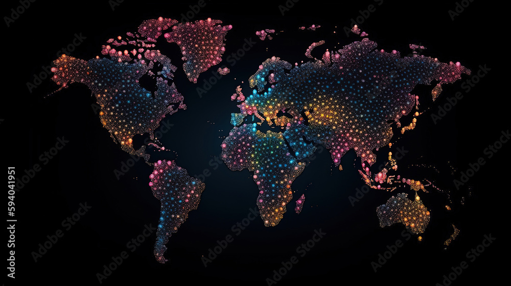 3d Pixel world map on black background. Generative Ai