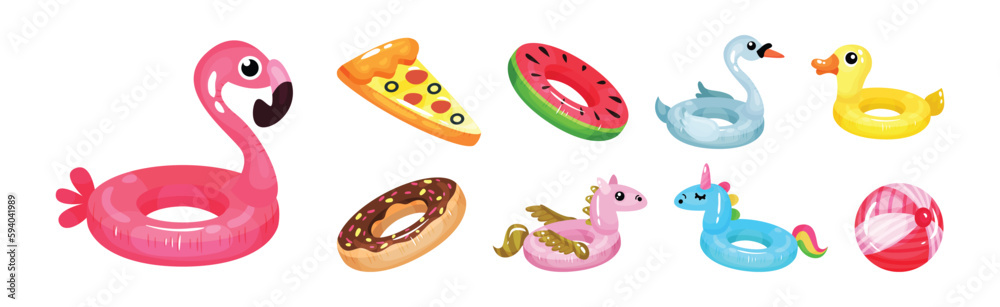 Inflatable Swimming Accessories with Rubber Ring and Mattress Vector Set Inflatable Swimming Accessories with Rubber Ring and Mattress Vector Set