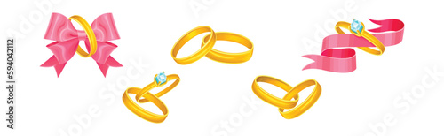 Wedding and Engagement Golden Rings with Silk Pink Ribbon Vector Set
