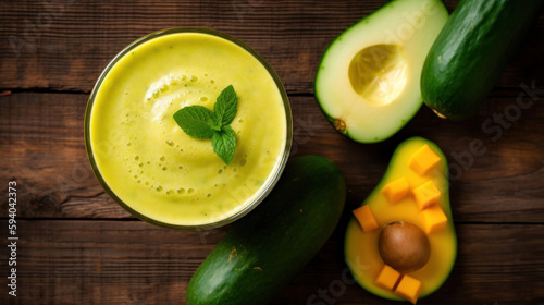 Fresh Mango and Cucumber Smoothie on a Rustic Wooden Table