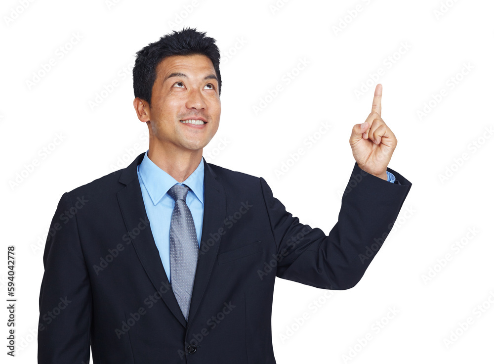 Happy businessman, finger or pointing up for finance investment, loan or insurance deal offer. Smile, hand or Asian worker showing marketing, logo or advertising while isolated on png background Happy businessman, finger or pointing up for finance investment, loan or insurance deal offer. Smile, hand or Asian worker showing marketing, logo or advertising while isolated on png background