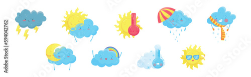Cartoon Weather and Forecast with Cloud and Sun Expressing Emotion Vector Set