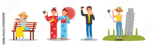 Young Man and Woman Holding Selfie Stick and Taking Photo Vector Illustration Set