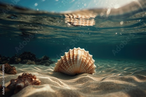 Seashell on the summer beach in sea water. AI generated