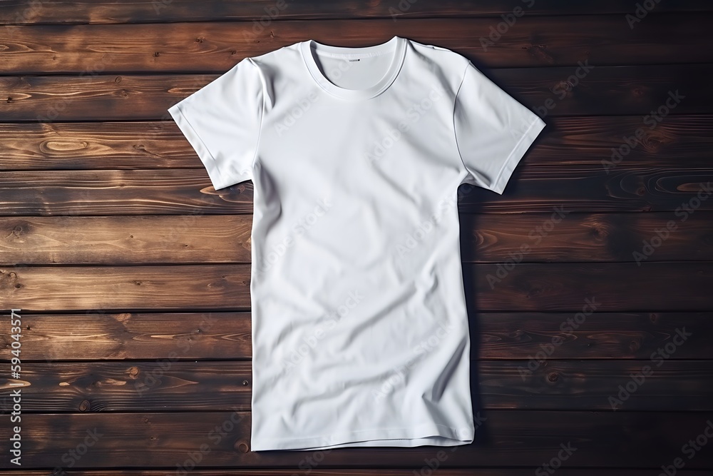 White empty t-shirt on wooden background, top view. Mockup template. Generative Ai. White empty t-shirt on wooden background, top view. Mockup template. Generative Ai.