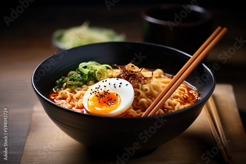 Top view ramen. Traditional Korean ramen soup with kimchi. Korean cuisine. Asian food. Traditional korean cuisine set. Picture for recipe. Copy space for text logo or brand.