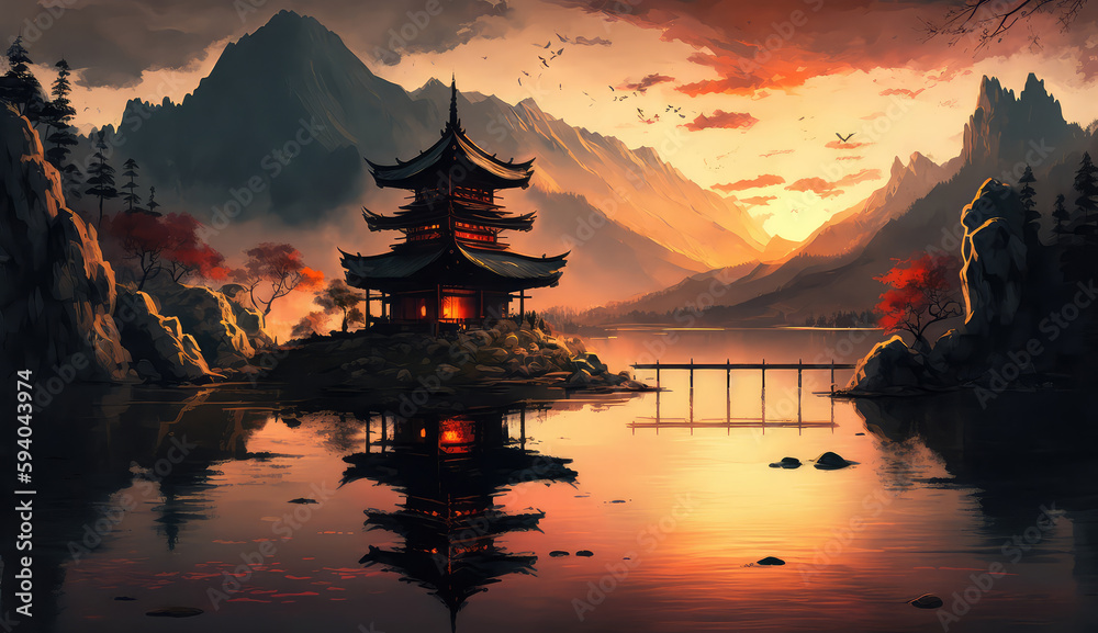 Digital painting fantasy painting of a chinese temple at sunset, digital illustration, illustration painting (ai generated) - obrazy, fototapety, plakaty 